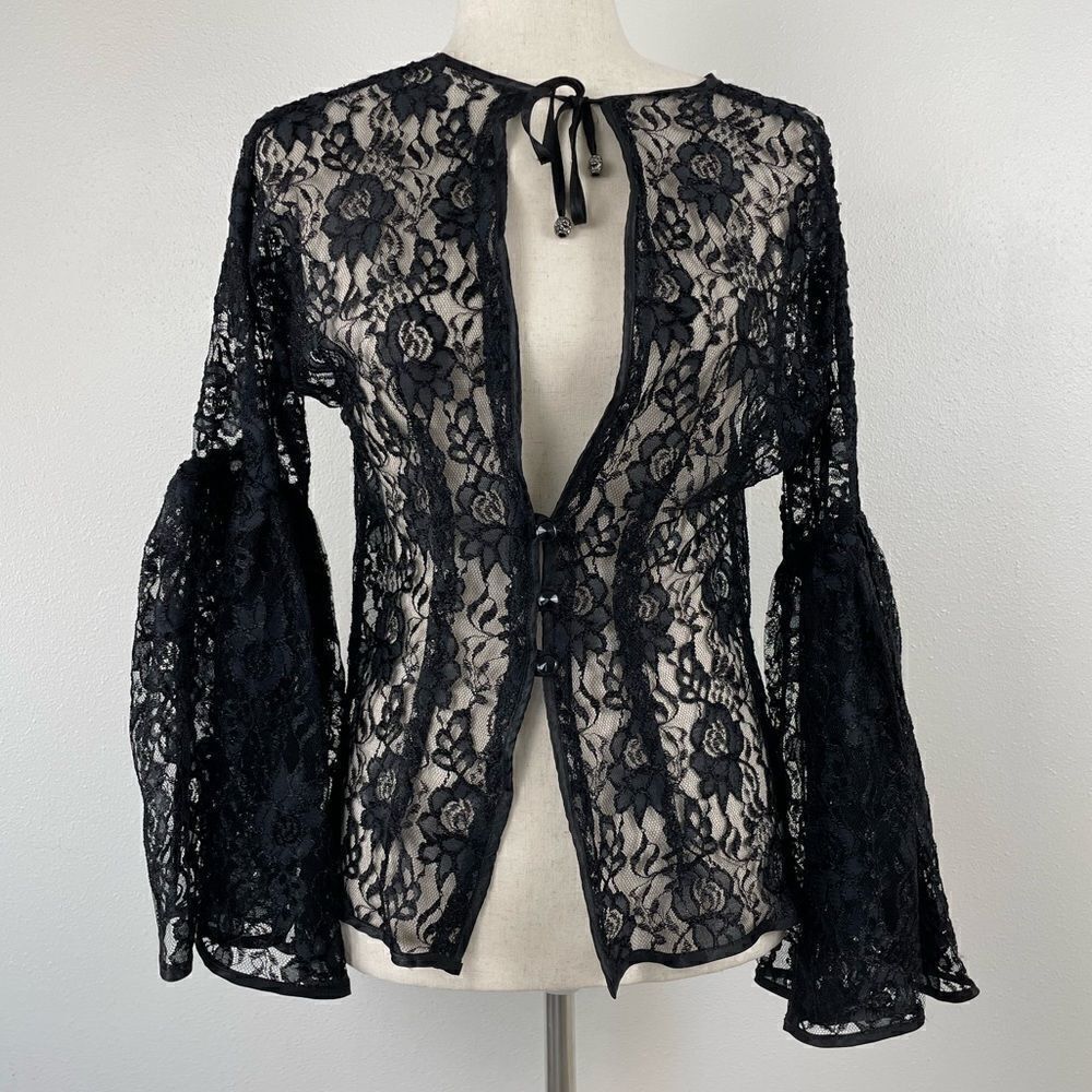 Floral Black Lace Button Down Top EUC